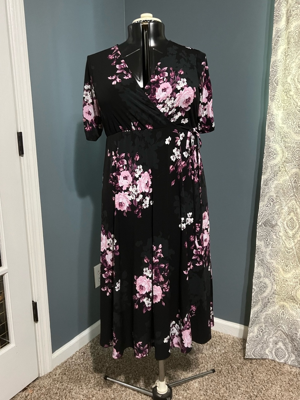 Floral Wrap Midi Dress - Black with Pink Floral